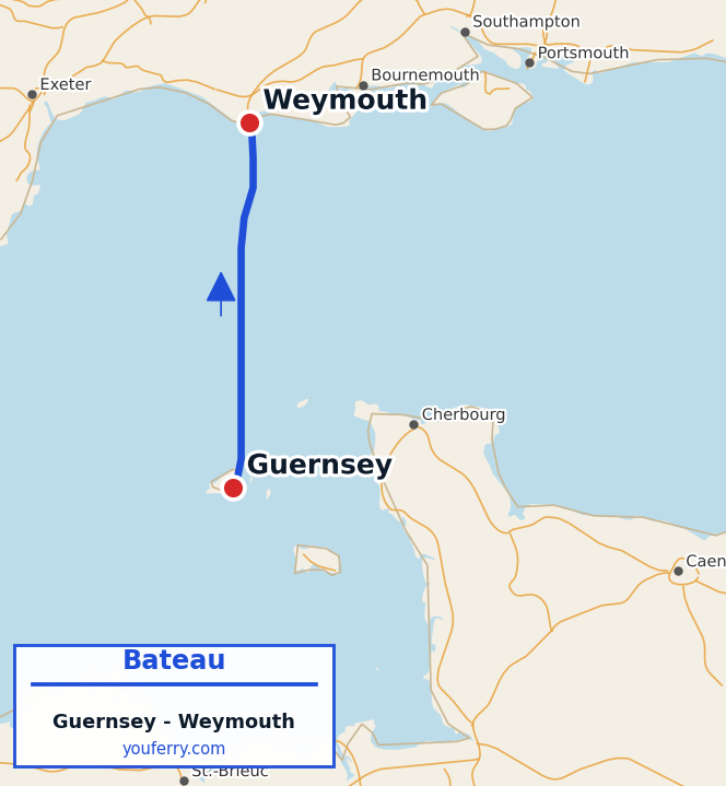 Carte du trajet en ferry Guernsey - Weymouth