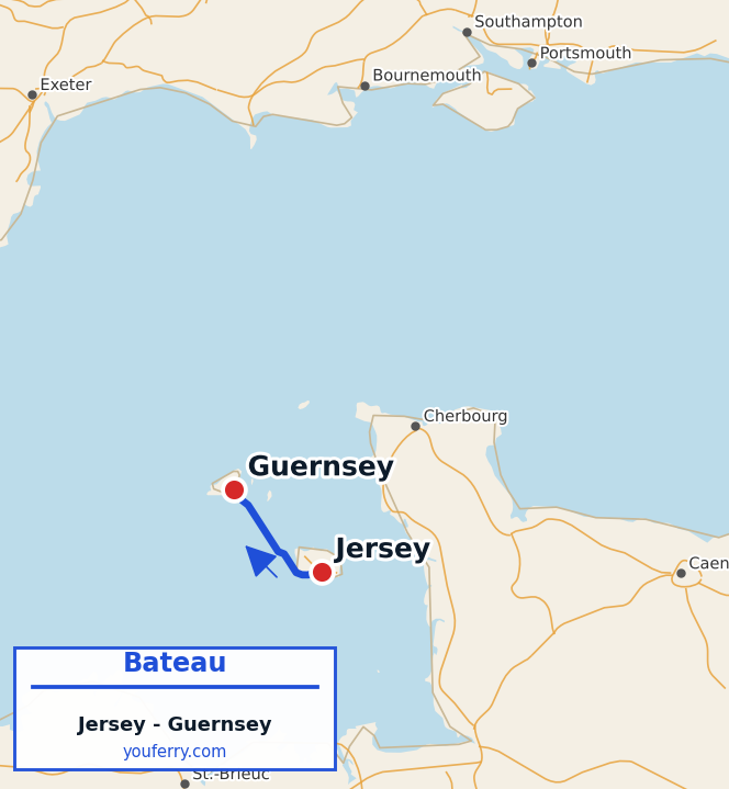 Carte du trajet en ferry Jersey - Guernsey