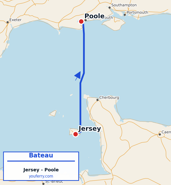 Carte du trajet en ferry Jersey - Poole