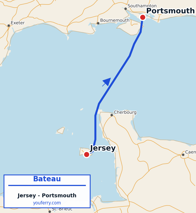 Carte du trajet en ferry Jersey - Portsmouth