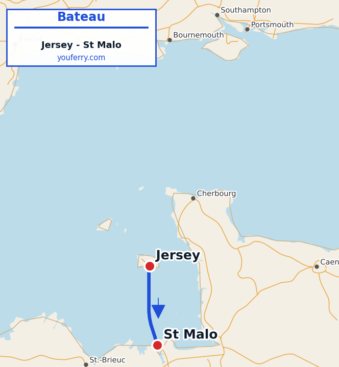 Carte du trajet en ferry Jersey - St Malo