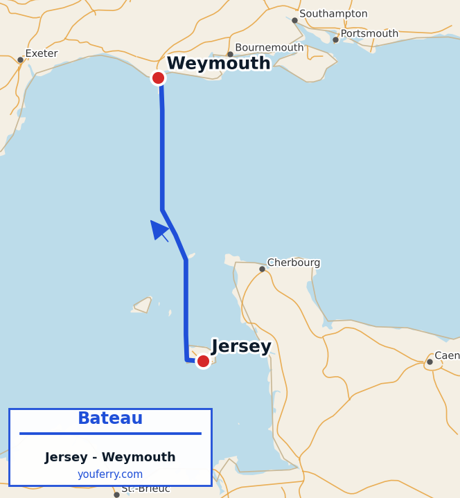 Carte du trajet en ferry Jersey - Weymouth