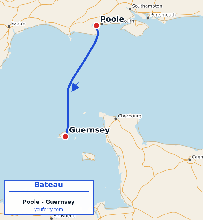 Carte du trajet en ferry Poole - Guernsey