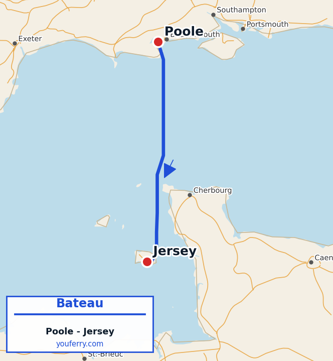 Carte du trajet en ferry Poole - Jersey