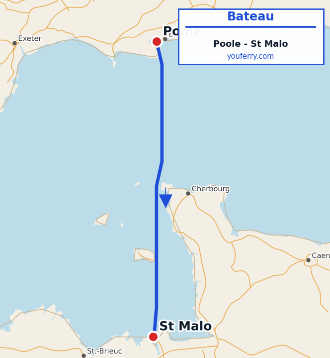 Carte du trajet en ferry Poole - St Malo