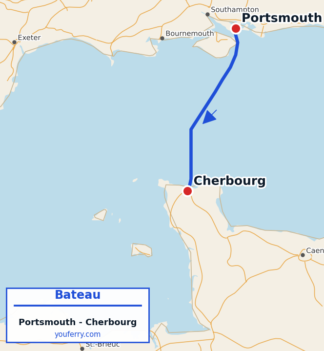 Carte du trajet en ferry Portsmouth - Cherbourg