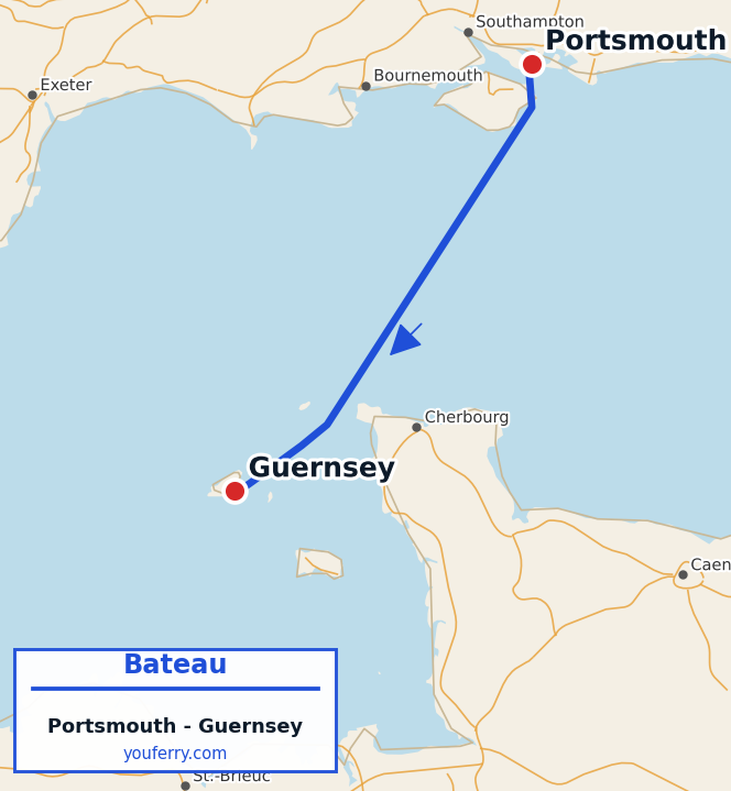 Carte du trajet en ferry Portsmouth - Guernsey