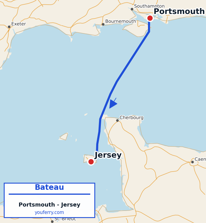 Carte du trajet en ferry Portsmouth - Jersey