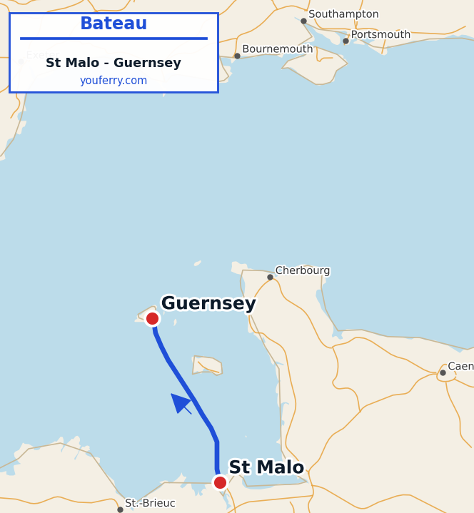 Carte du trajet en ferry St Malo - Guernsey