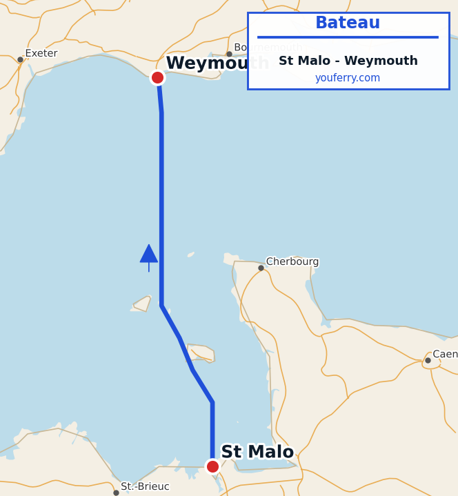 Carte du trajet en ferry St Malo - Weymouth