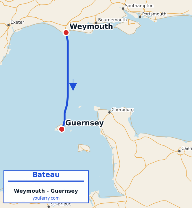 Carte du trajet en ferry Weymouth - Guernsey