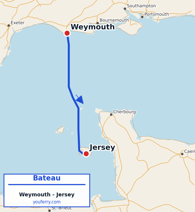 Carte du trajet en ferry Weymouth - Jersey