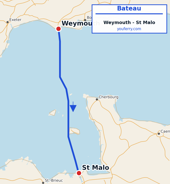 Carte du trajet en ferry Weymouth - St Malo