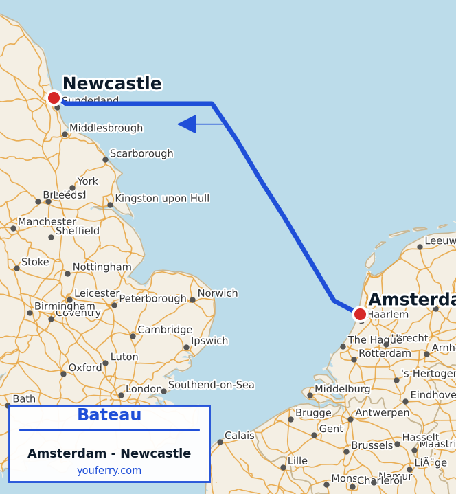 Carte du trajet en ferry Amsterdam - Newcastle