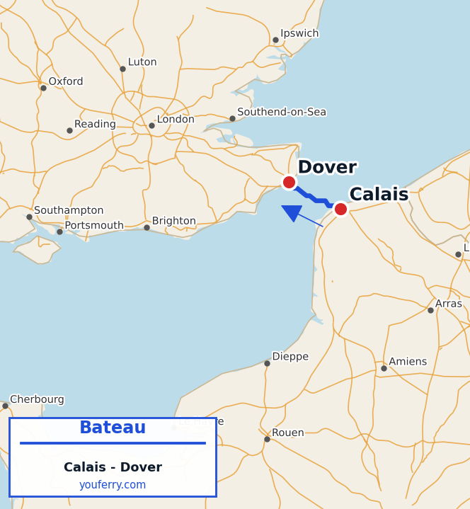 Carte du trajet en ferry Calais - Dover