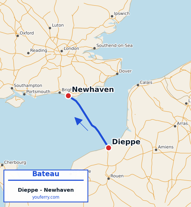 Carte du trajet en ferry Dieppe - Newhaven