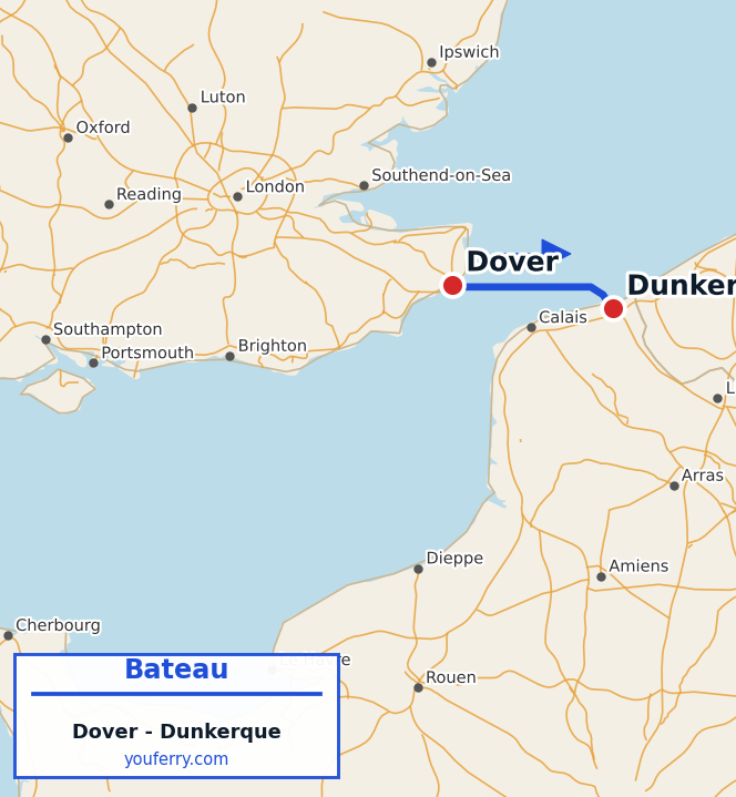 Carte du trajet en ferry Dover - Dunkerque