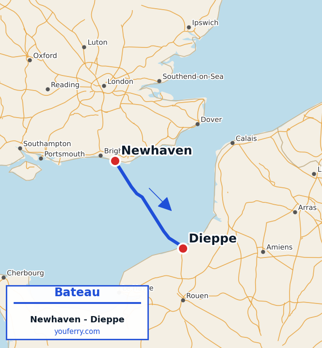 Carte du trajet en ferry Newhaven - Dieppe