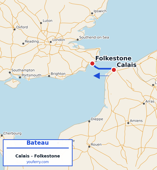 Carte du trajet en ferry Calais - Folkestone