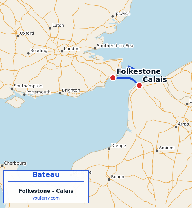Carte du trajet en ferry Folkestone - Calais