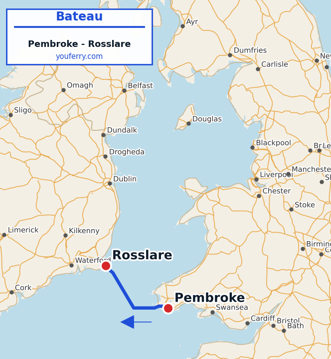 Carte du trajet en ferry Pembroke - Rosslare