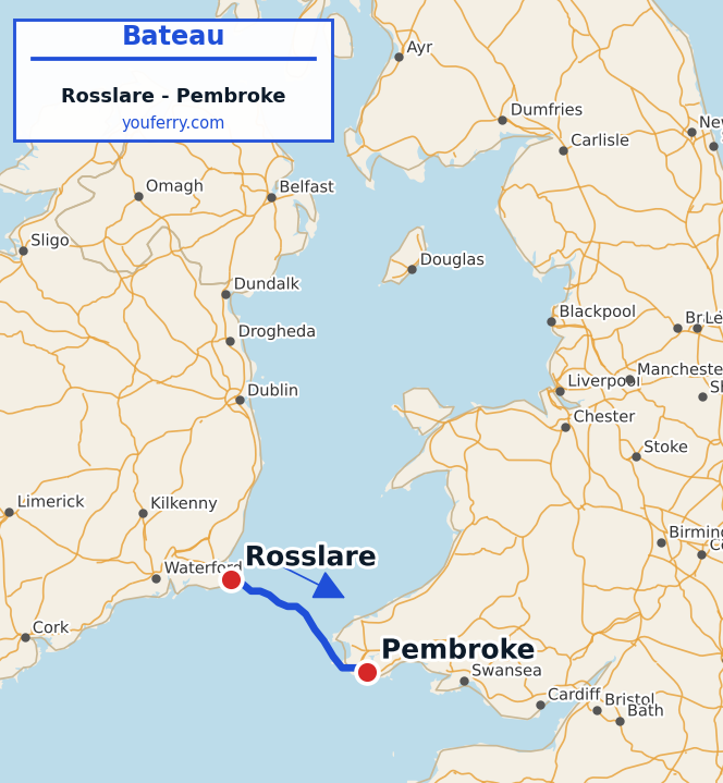 Carte du trajet en ferry Rosslare - Pembroke