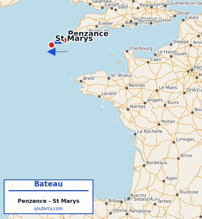 Carte du trajet en ferry Penzance - St Marys