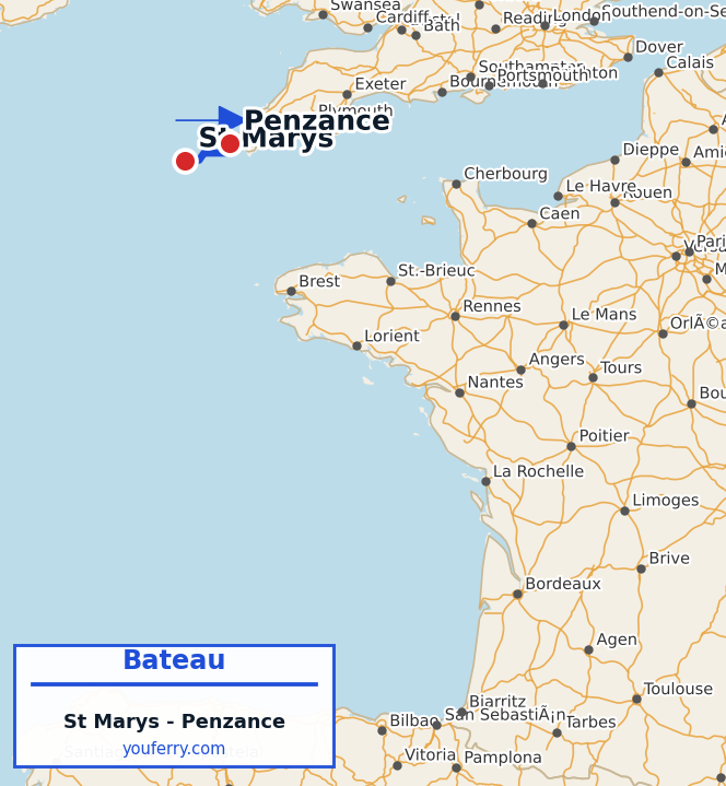 Carte du trajet en ferry St Marys - Penzance