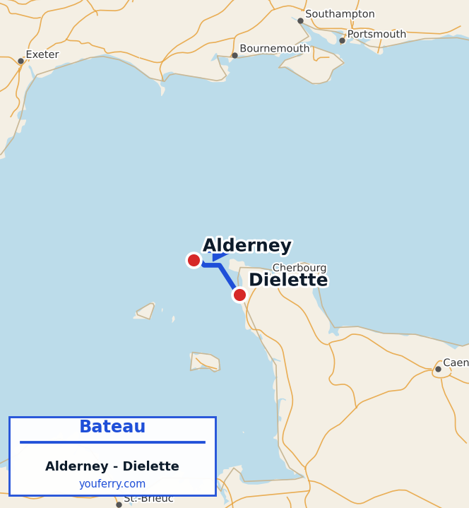 Carte du trajet en ferry Alderney - Dielette