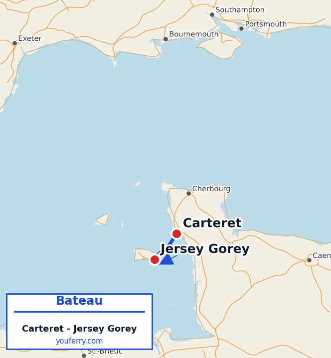 Carte du trajet en ferry Carteret - Jersey Gorey
