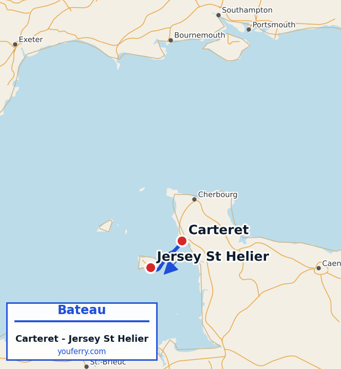 Carte du trajet en ferry Carteret - Jersey St Helier