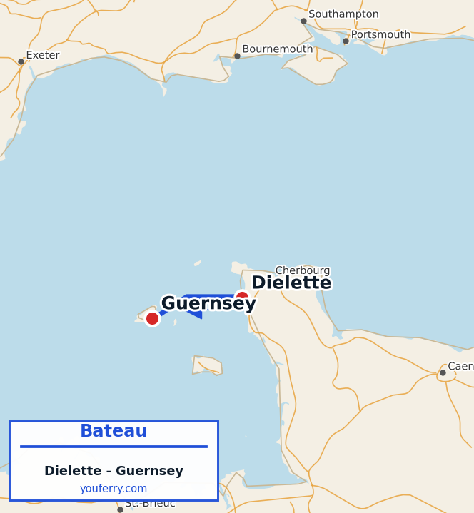 Carte du trajet en ferry Dielette - Guernsey