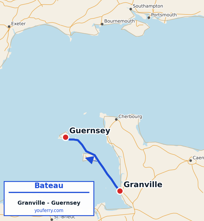 Carte du trajet en ferry Granville - Guernsey