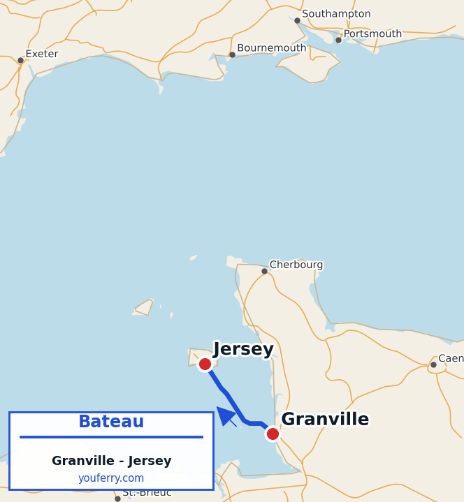 Carte du trajet en ferry Granville - Jersey