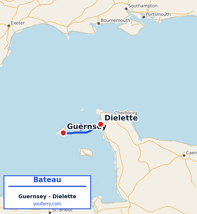 Carte du trajet en ferry Guernsey - Dielette