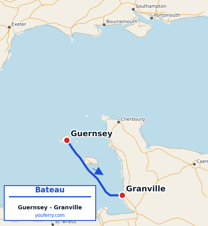 Carte du trajet en ferry Guernsey - Granville