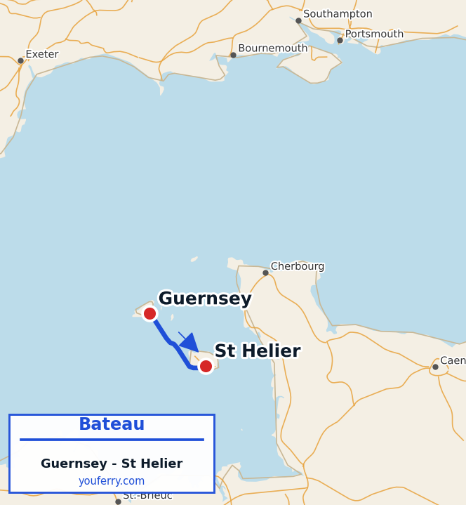 Carte du trajet en ferry Guernsey - St Helier