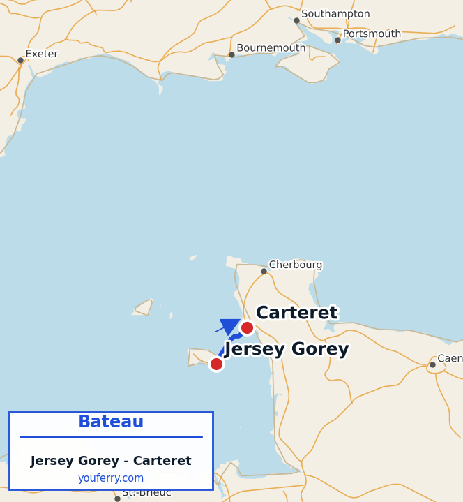 Carte du trajet en ferry Jersey Gorey - Carteret