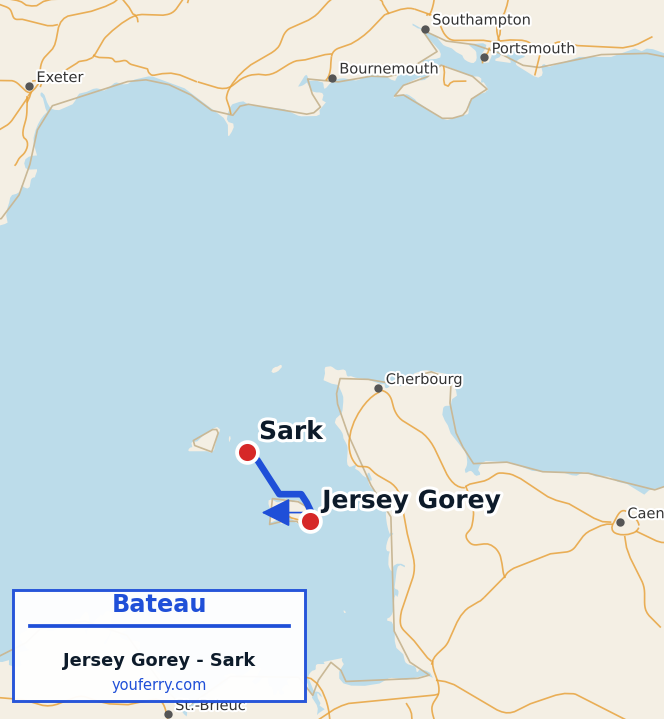 Carte du trajet en ferry Jersey Gorey - Sark