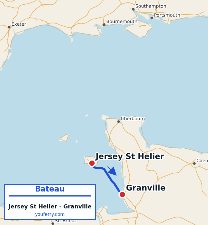 Carte du trajet en ferry Jersey St Helier - Granville