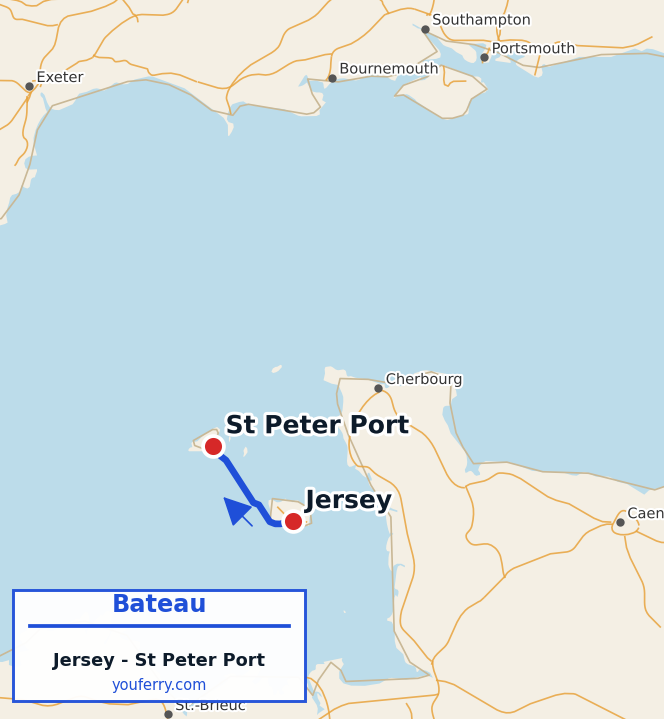 Carte du trajet en ferry Jersey - St Peter Port