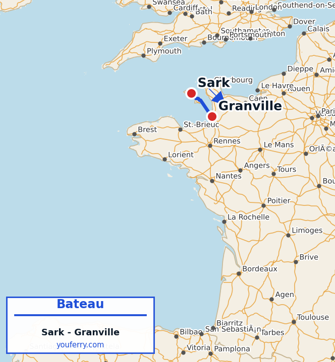 Carte du trajet en ferry Sark - Granville