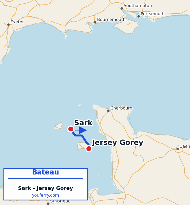 Carte du trajet en ferry Sark - Jersey Gorey