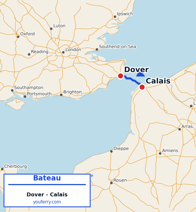Carte du trajet en ferry Dover - Calais