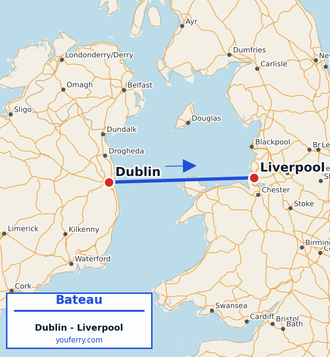 Carte du trajet en ferry Dublin - Liverpool