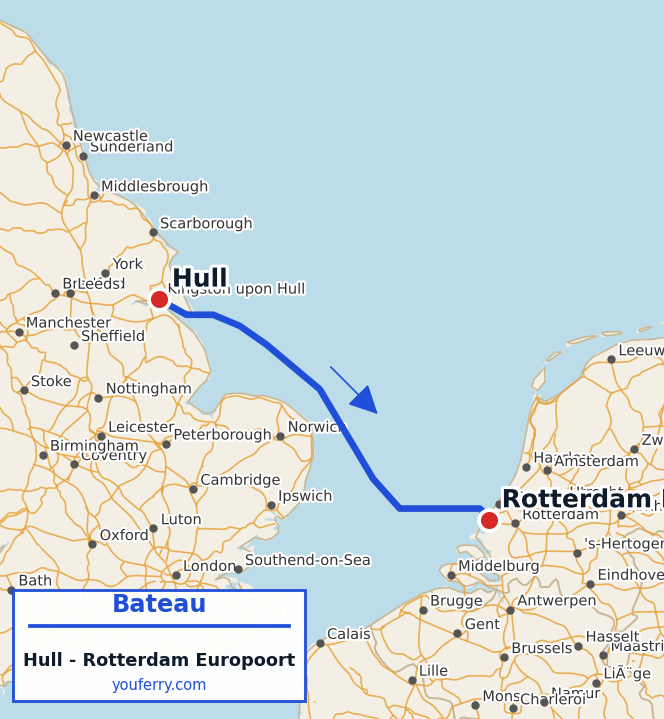 Carte du trajet en ferry Hull - Rotterdam Europoort