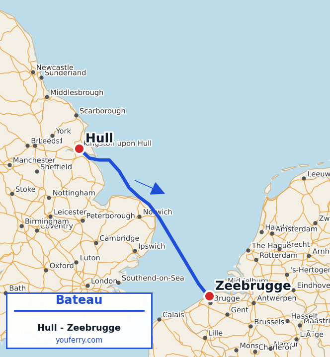 Carte du trajet en ferry Hull - Zeebrugge