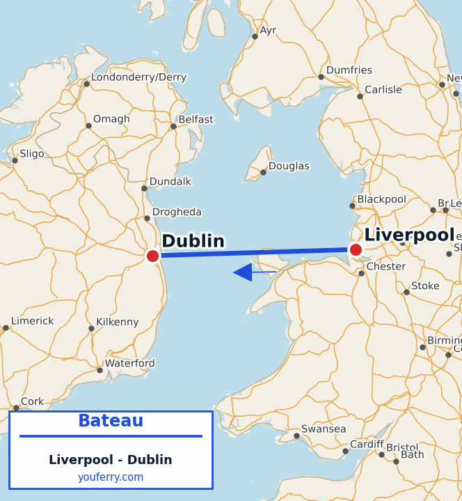 Carte du trajet en ferry Liverpool - Dublin