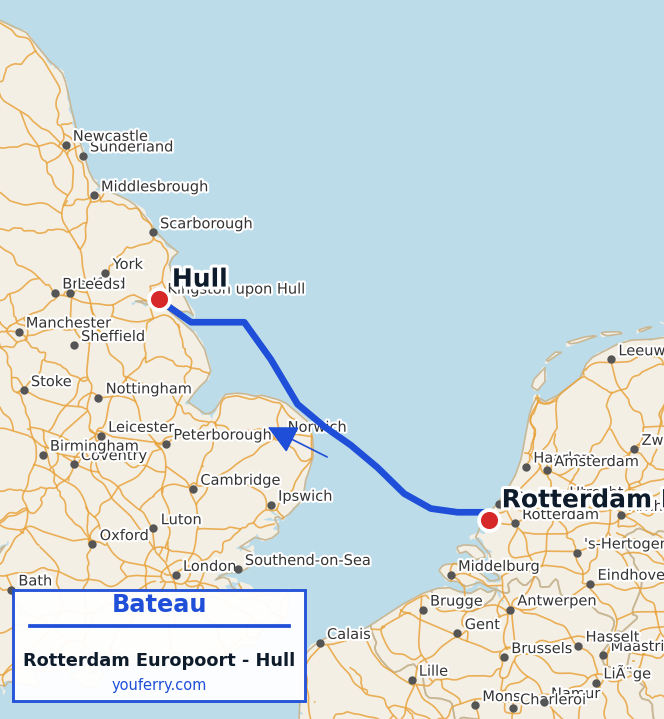 Carte du trajet en ferry Rotterdam Europoort - Hull