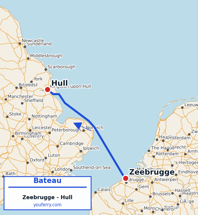 Carte du trajet en ferry Zeebrugge - Hull